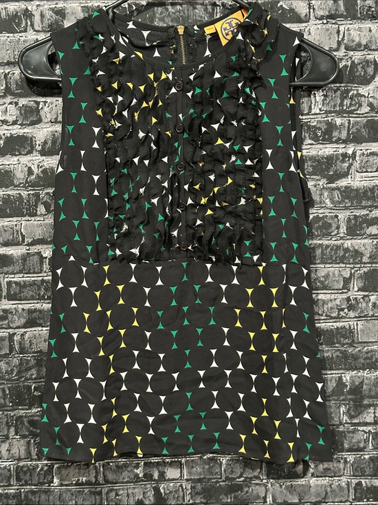 Tory Burch Tops - Tory Burch Sleeveless SilkRuffle Front Geometric Print Top Black/Green/Yellow